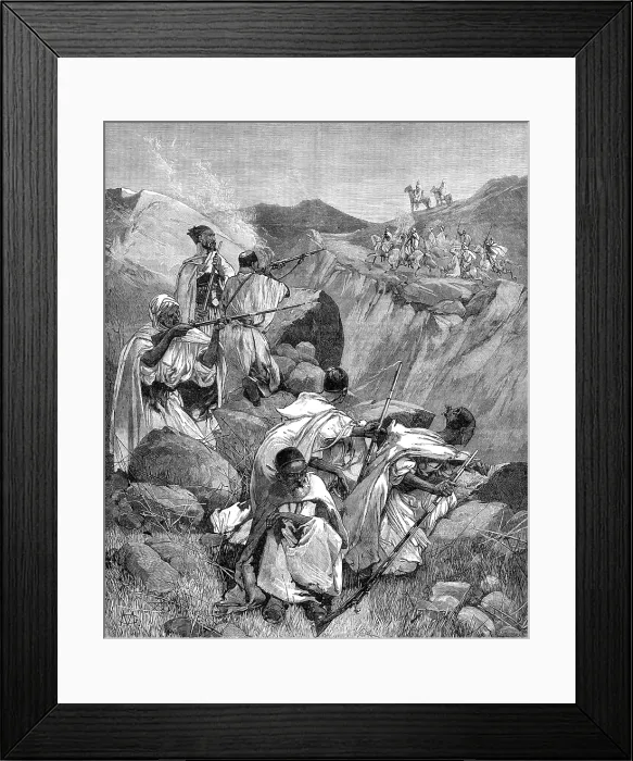 Framed Print : The French Expedition to Tunis: Goums, reconnoitring, attacked by Khroumirs, 1881. Creator: W. I. Mosses Framed Print : The French Expedition to Tunis: Goums, reconnoitring, attacked by Khroumirs, 1881. Creator: W. I. Mosses