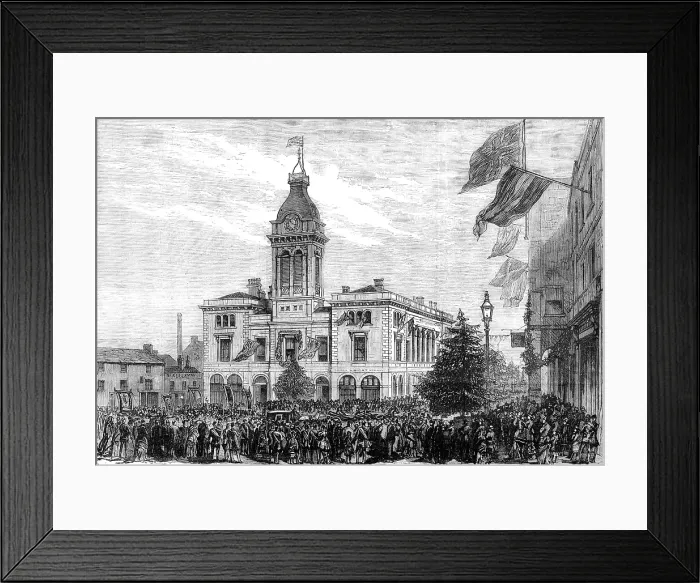 Framed Print : George Stephenson Centenary Festival: procession of benefit societies passing the Market-Hall, 1881. Creator: Unknown Framed Print : George Stephenson Centenary Festival: procession of benefit societies passing the Market-Hall, 1881. Creator: Unknown