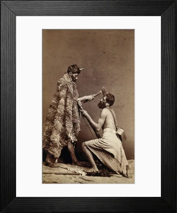 Framed Print : Two Maori men, simulating armed attack with a hatchet and a spear(?), c1880s. Creator: Unknown Framed Print : Two Maori men, simulating armed attack with a hatchet and a spear(?), c1880s. Creator: Unknown