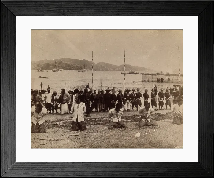 Framed Print : Kowloon, Hong Kong: five pirates awaiting beheading, while Chinese soldiers and dignitaries... 1891 Creator: Unknown Framed Print : Kowloon, Hong Kong: five pirates awaiting beheading, while Chinese soldiers and dignitaries... 1891 Creator: Unknown
