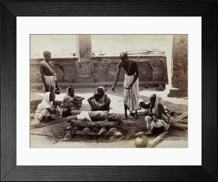 Framed Print : Calcutta, West Bengal: a man about to scatter material from a bowl on a dead body... c1880s. Creator: Unknown Framed Print : Calcutta, West Bengal: a man about to scatter material from a bowl on a dead body... c1880s. Creator: Unknown