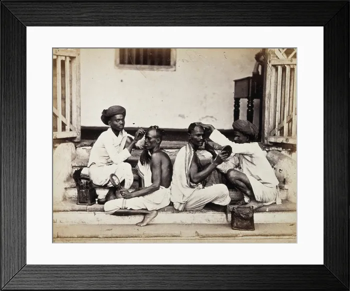 Framed Print : Two Indian barbers wearing turbans shaving the heads of two Indian men... c1900s. Creator: Unknown Framed Print : Two Indian barbers wearing turbans shaving the heads of two Indian men... c1900s. Creator: Unknown
