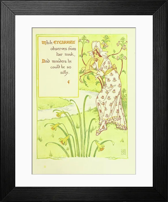 Framed Print : While Eyebright observes from her nook, And wonders he could be so silly, 1899. Creator: Walter Crane Framed Print : While Eyebright observes from her nook, And wonders he could be so silly, 1899. Creator: Walter Crane