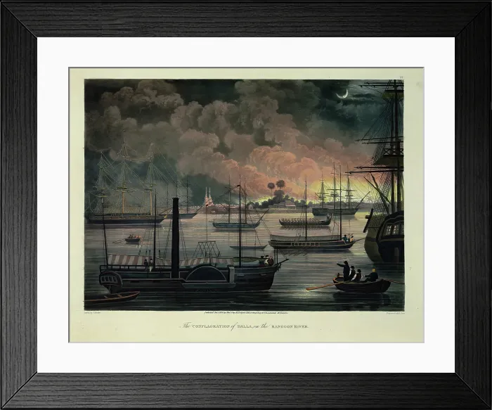 Framed Print : The Conflagration of Dalla, on the Rangoon River, 1825. Creator: George Hunt. The Conflagration of Dalla, on the Rangoon River, 1825. Creator: George Hunt Framed Print : The Conflagration of Dalla, on the Rangoon River, 1825. Creator: George Hunt. The Conflagration of Dalla, on the Rangoon River, 1825. Creator: George Hunt