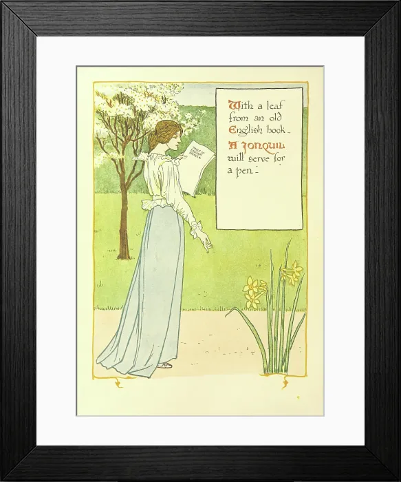 Framed Print : With a leaf from an old English book, A Jonquil will serve for a pen, 1899. Creator: Walter Crane Framed Print : With a leaf from an old English book, A Jonquil will serve for a pen, 1899. Creator: Walter Crane