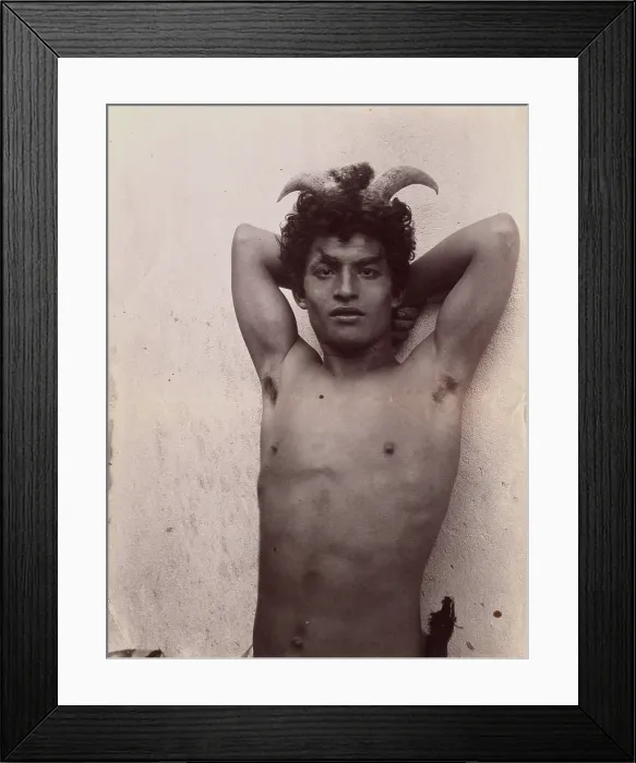 Framed Print : A Sicilian boy naked from the waist up, his hands behind his head, wearing horns, 3 Feb 1899. Creator: Count Wilhelm von Gloeden Framed Print : A Sicilian boy naked from the waist up, his hands behind his head, wearing horns, 3 Feb 1899. Creator: Count Wilhelm von Gloeden