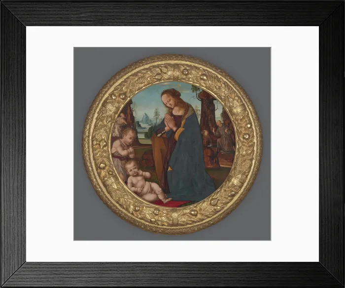 Framed Print : Adoration of the Child with Young St John the Baptist-Tondo, Early 16th century. Creator: Follower of Lorenzo di Credi Framed Print : Adoration of the Child with Young St John the Baptist-Tondo, Early 16th century. Creator: Follower of Lorenzo di Credi