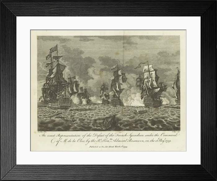 Framed Print : the Defeat of the French Squadron...by Admiral Boscawen, on the 18th Aug. 1759, (1800). Creator: J Pass Framed Print : the Defeat of the French Squadron...by Admiral Boscawen, on the 18th Aug. 1759, (1800). Creator: J Pass
