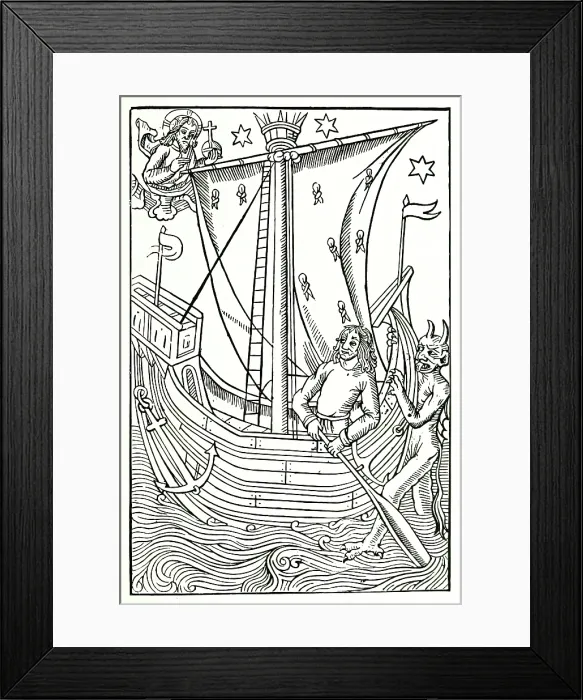 Framed Print : God and Satan vying for the soul of man, who is navigating the ocean of vices, c1490, (1896). Creator: Unknown Framed Print : God and Satan vying for the soul of man, who is navigating the ocean of vices, c1490, (1896). Creator: Unknown