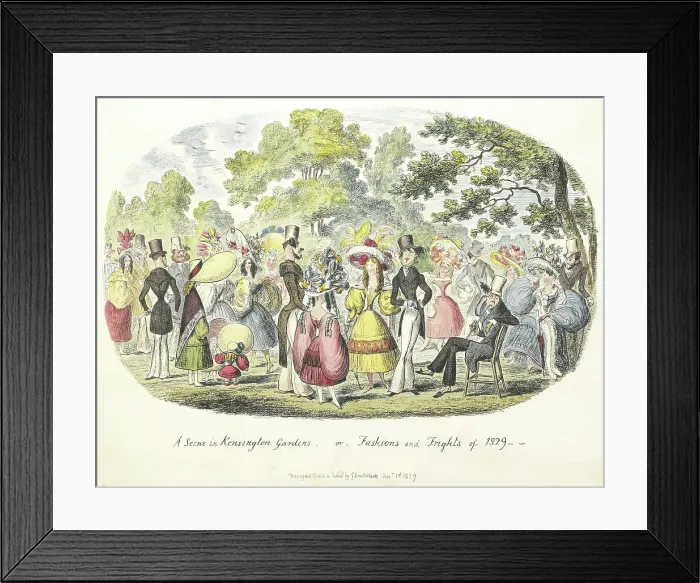 Framed Print : A scene in Kensington Gardens - or - Fashion and Frights of 1829. Creator: George Cruikshank Framed Print : A scene in Kensington Gardens - or - Fashion and Frights of 1829. Creator: George Cruikshank