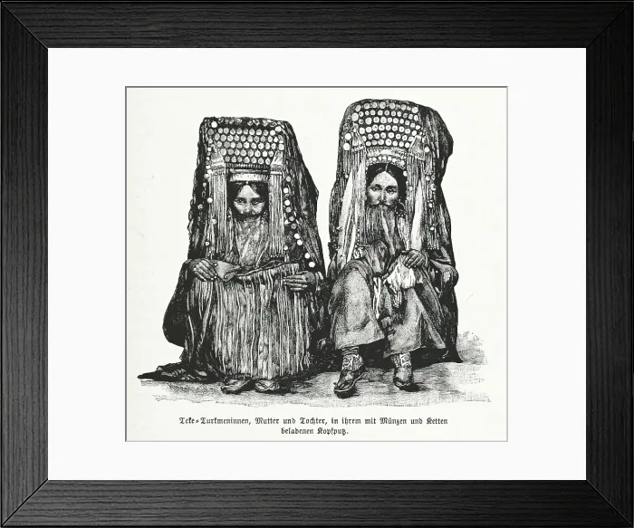 Framed Print : Turkmen mother and daughter, in their headdresses laden with coins and chains, 1892. Creator: Unknown Framed Print : Turkmen mother and daughter, in their headdresses laden with coins and chains, 1892. Creator: Unknown