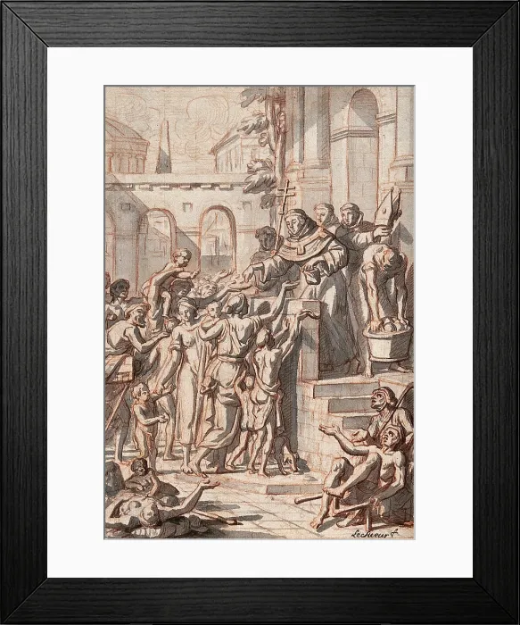 Framed Print : A man in religious clothing standing on a balcony is handing out money to the crowd below him. Creator: Le Sueur Framed Print : A man in religious clothing standing on a balcony is handing out money to the crowd below him. Creator: Le Sueur