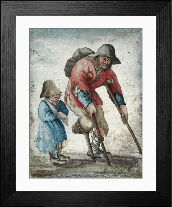 Framed Print : A one-legged man in rags moving with the aid of crutches is accompanied by a child with a band... Creator: Unknown Framed Print : A one-legged man in rags moving with the aid of crutches is accompanied by a child with a band... Creator: Unknown