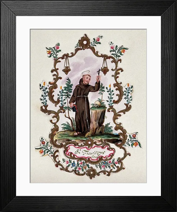 Framed Print : Saint Francis of Assisi, in a rococo frame, holding a Bible and a crucifix. Creator: Unknown Framed Print : Saint Francis of Assisi, in a rococo frame, holding a Bible and a crucifix. Creator: Unknown