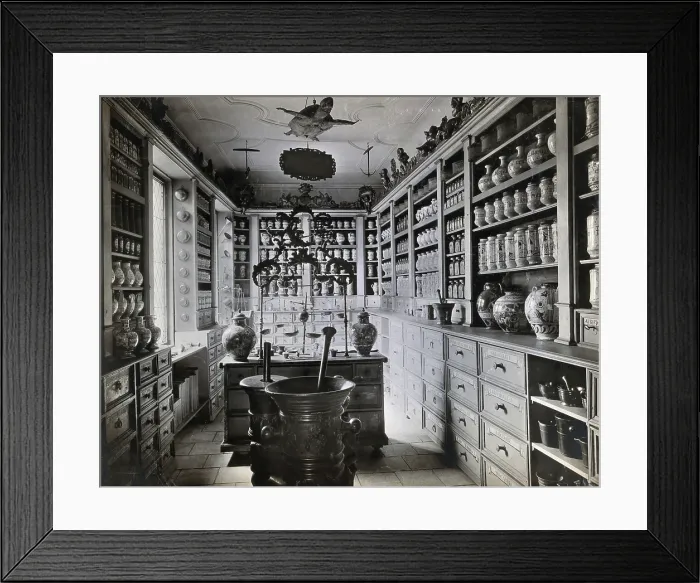 Framed Print : A seventeenth-century German apothecary's shop with ornate pharmacy jars... c1900s Framed Print : A seventeenth-century German apothecary's shop with ornate pharmacy jars... c1900s
