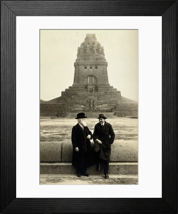 Framed Print : Georg Sticker and an unknown companion, in front of a war memorial (?). Creator: Unknown Framed Print : Georg Sticker and an unknown companion, in front of a war memorial (?). Creator: Unknown