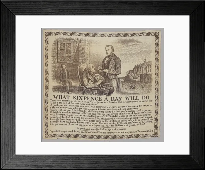 Framed Print : 'What Sixpence a Day Will Do'-picture printed on fabric, 19th century. Creator: Unknown Framed Print : 'What Sixpence a Day Will Do'-picture printed on fabric, 19th century. Creator: Unknown