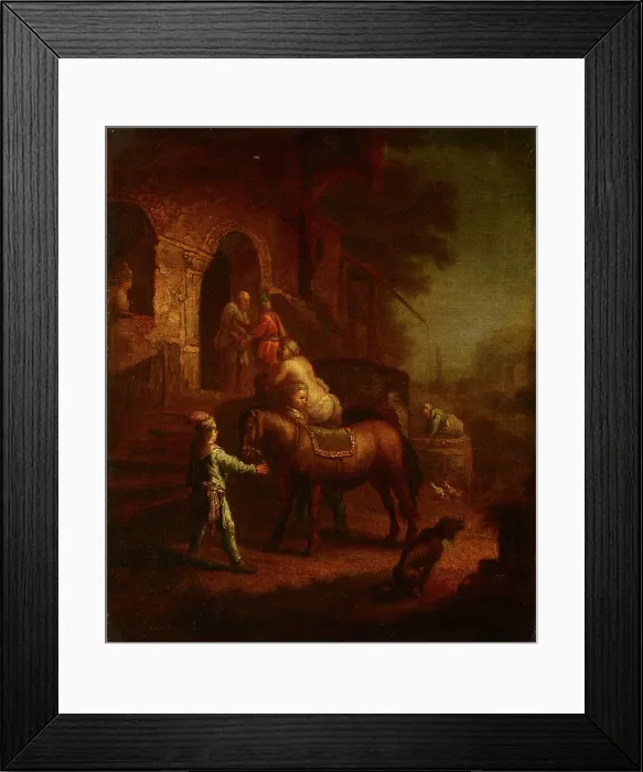 Framed Print : Samaritan Bringing the Wounded Man to the Inn, 18th century. Creator: Unknown Framed Print : Samaritan Bringing the Wounded Man to the Inn, 18th century. Creator: Unknown