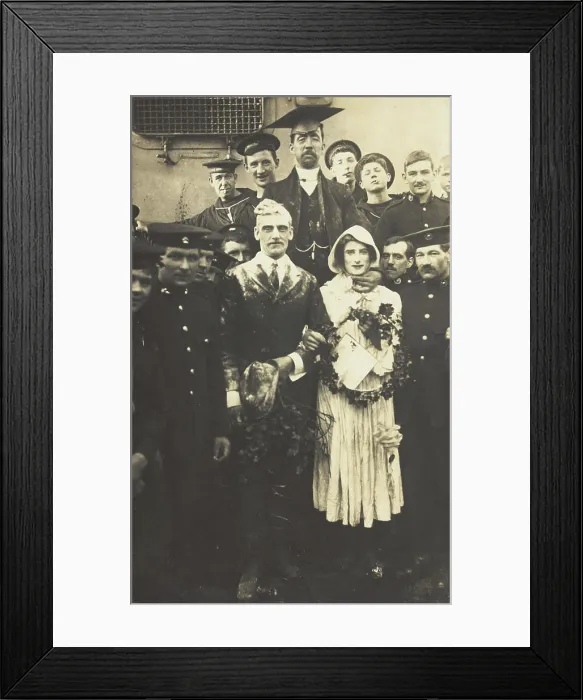 Framed Print : Sailors on HS Dominion, one in bridal drag, conduct a mock wedding on Christmas Day, 1915. Creator: Unknown Framed Print : Sailors on HS Dominion, one in bridal drag, conduct a mock wedding on Christmas Day, 1915. Creator: Unknown