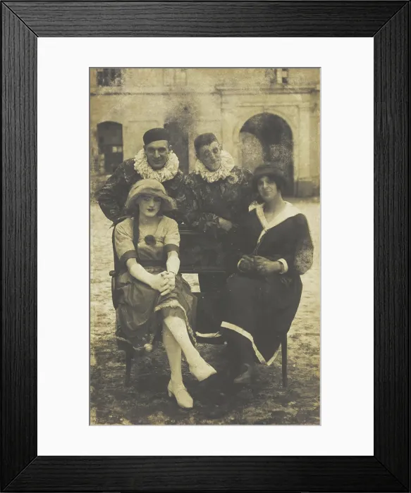 Framed Print : Members of The Stars concert party, two soldiers in drag and two as pierrots, pose around... 1919 Creator: Unknown. Members of The Stars concert party Framed Print : Members of The Stars concert party, two soldiers in drag and two as pierrots, pose around... 1919 Creator: Unknown. Members of The Stars concert party