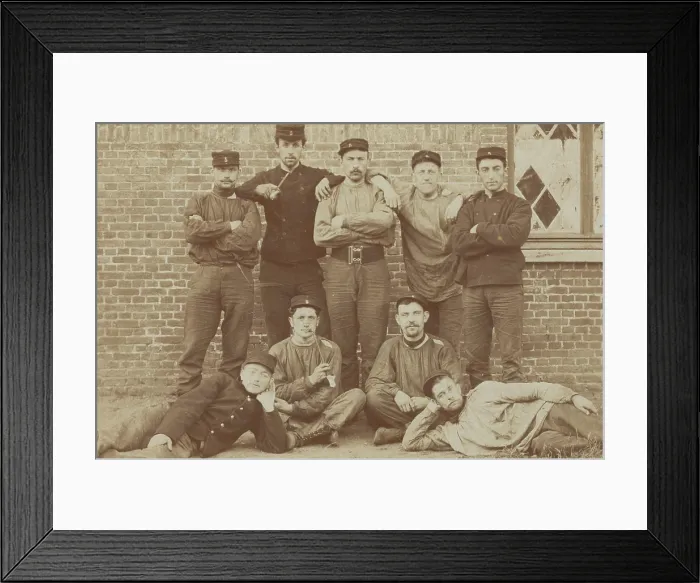 Framed Print : Belgian soldiers posing for a group portrait in a casual manner, 1908. Creator: Unknown Framed Print : Belgian soldiers posing for a group portrait in a casual manner, 1908. Creator: Unknown