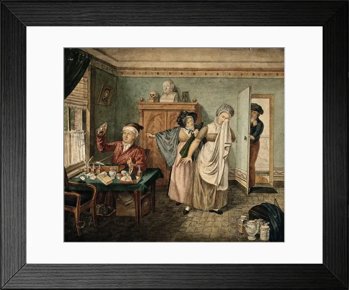 Framed Print : A physician examining a urine specimen in which a faint figure of a baby is visible, a... 1826. Creator: Unknown Framed Print : A physician examining a urine specimen in which a faint figure of a baby is visible, a... 1826. Creator: Unknown