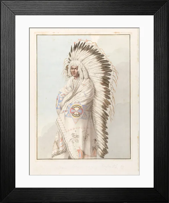 Framed Print : Native North American costume: a man wearing a decorated robe and a feather headdress, (1855?). Creator: Thomas Bateman Framed Print : Native North American costume: a man wearing a decorated robe and a feather headdress, (1855?). Creator: Thomas Bateman