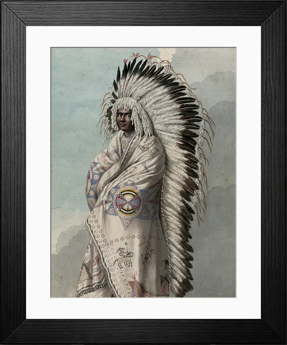 Framed Print : Native North American costume: a man wearing a decorated robe and a feather headdress, (1855?). Creator: Thomas Bateman Framed Print : Native North American costume: a man wearing a decorated robe and a feather headdress, (1855?). Creator: Thomas Bateman