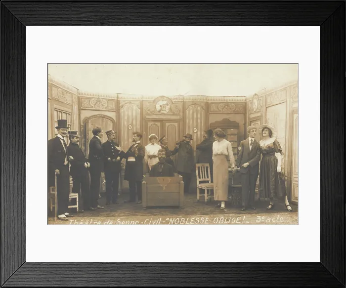 Framed Print : Prisoners of war, some in drag, posing on stage during a crowded scene of 'Noblesse...(1910-1919?). Creator: Unknown Framed Print : Prisoners of war, some in drag, posing on stage during a crowded scene of 'Noblesse...(1910-1919?). Creator: Unknown