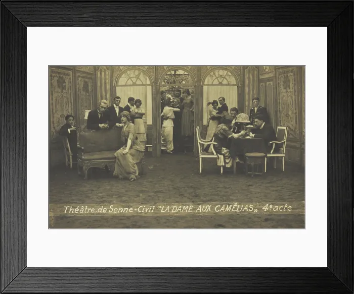 Framed Print : French or Belgian prisoners of war, some in drag, posing on stage during a crowded scene... (1918?) Creator: Unknown Framed Print : French or Belgian prisoners of war, some in drag, posing on stage during a crowded scene... (1918?) Creator: Unknown