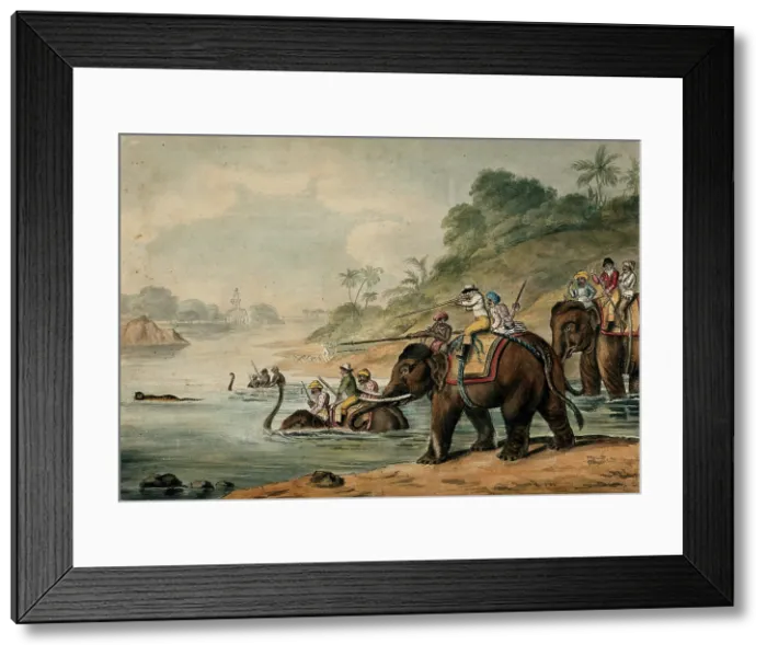 Framed Print : Tiger hunting in India: men riding elephants shoot at a tiger that tries to escape by... 1800-1809. Creator: Samuel Howitt Framed Print : Tiger hunting in India: men riding elephants shoot at a tiger that tries to escape by... 1800-1809. Creator: Samuel Howitt