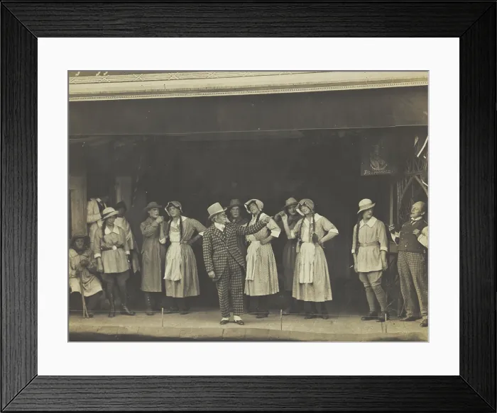 Framed Print : Sailors, some in drag, stand on stage performing a scene, (between 1910 and 1919?). Creator: Unknown Framed Print : Sailors, some in drag, stand on stage performing a scene, (between 1910 and 1919?). Creator: Unknown