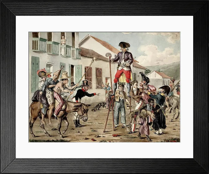 Framed Print : A street carnival in Bogota, with a battle between personifications of medicine and... 1822 / 1828. Creator: Francois Desire Roulin Framed Print : A street carnival in Bogota, with a battle between personifications of medicine and... 1822 / 1828. Creator: Francois Desire Roulin