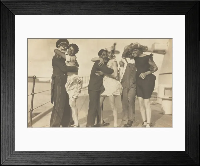 Framed Print : Sailors, some in drag, pose as three couples on the deck of a ship, (between 1920 and 1929?). Creator: Unknown Framed Print : Sailors, some in drag, pose as three couples on the deck of a ship, (between 1920 and 1929?). Creator: Unknown