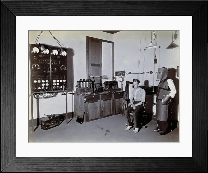 Framed Print : Johannesburg Hospital, South Africa: man in heavy apron, face mask and glove, possibly... c1905. Creator: Unknown Framed Print : Johannesburg Hospital, South Africa: man in heavy apron, face mask and glove, possibly... c1905. Creator: Unknown