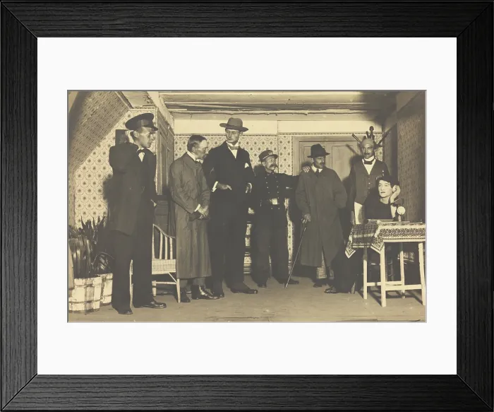 Framed Print : French or Belgian prisoners of war, one in drag, performing a scene from 'L'anglais... 1917 Framed Print : French or Belgian prisoners of war, one in drag, performing a scene from 'L'anglais... 1917