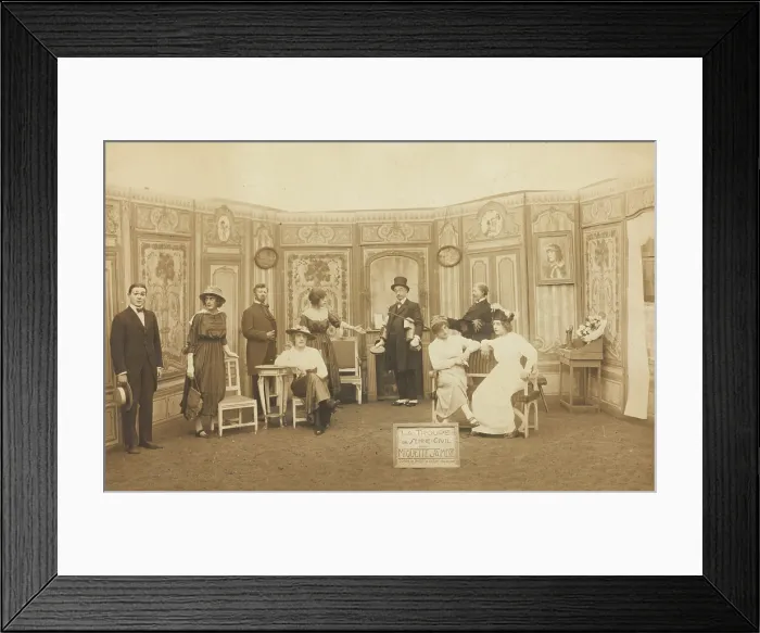 Framed Print : Prisoners of war, some in drag, posing on stage in Miquette et sa mere at... (1910-1919?) Framed Print : Prisoners of war, some in drag, posing on stage in Miquette et sa mere at... (1910-1919?)