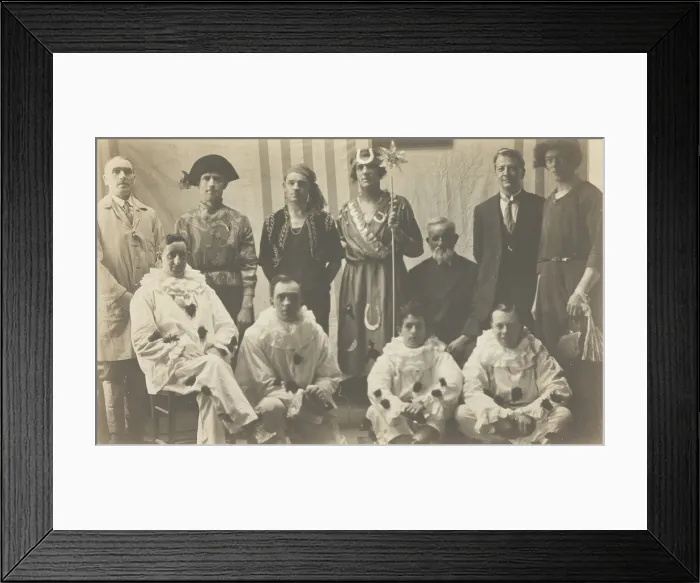 Framed Print : Concert party performers, some in drag, pose for a group portrait, (between 1910 and 1919?). Creator: Unknown Framed Print : Concert party performers, some in drag, pose for a group portrait, (between 1910 and 1919?). Creator: Unknown