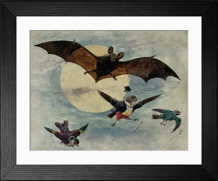 Framed Print : A bat and three fully dressed birds flying by moonlight, 1900. Creator: George Hope Tait Framed Print : A bat and three fully dressed birds flying by moonlight, 1900. Creator: George Hope Tait