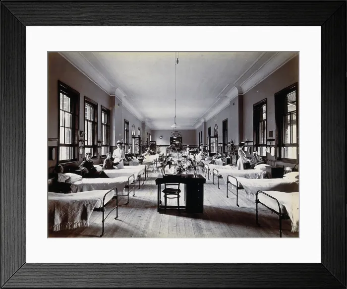 Framed Print : Johannesburg Hospital, South Africa: hospital ward with nurses and male patients, c1905. Creator: Unknown Framed Print : Johannesburg Hospital, South Africa: hospital ward with nurses and male patients, c1905. Creator: Unknown