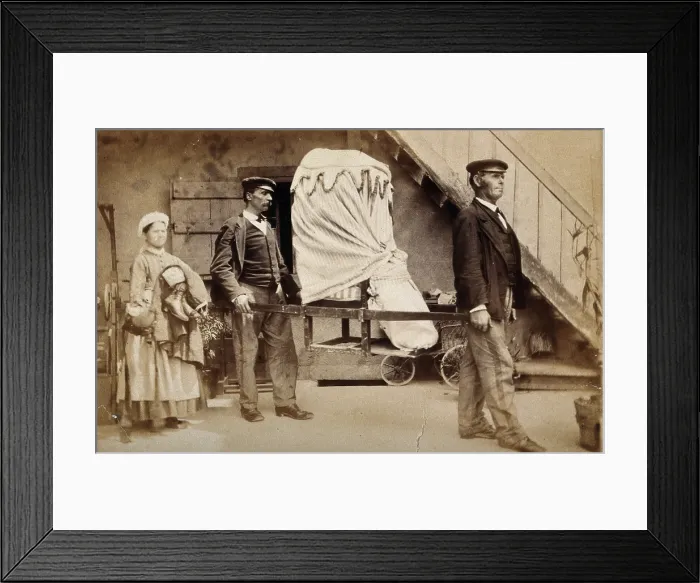 Framed Print : A patient covered by heavy blankets being carried away from the baths at Aix les Bains... c1890s. Creator: Unknown Framed Print : A patient covered by heavy blankets being carried away from the baths at Aix les Bains... c1890s. Creator: Unknown