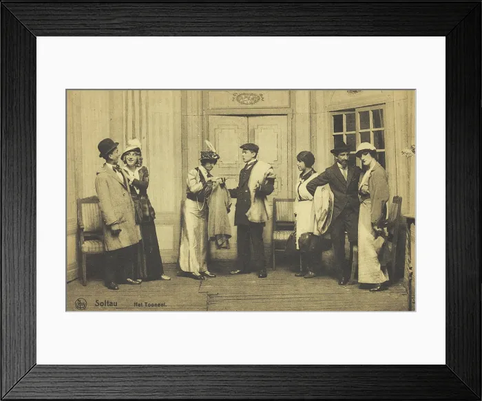 Framed Print : Actors, some in drag, performing at a prisoner of war camp in Belgium, (between 1910 and 1919?). Creator: Unknown Framed Print : Actors, some in drag, performing at a prisoner of war camp in Belgium, (between 1910 and 1919?). Creator: Unknown