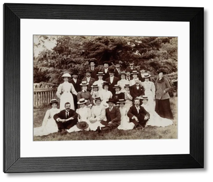 Framed Print : A group of hospital staff, including nurses wearing matching straw hats, standing outdoors. Creator: Unknown Framed Print : A group of hospital staff, including nurses wearing matching straw hats, standing outdoors. Creator: Unknown