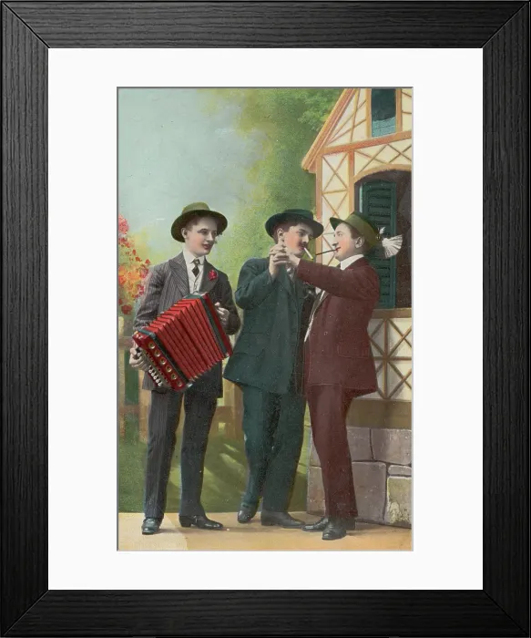 Framed Print : Two Dutch men dancing together, accompanied by an accordionist, (between 1900 and 1909?). Creator: Unknown Framed Print : Two Dutch men dancing together, accompanied by an accordionist, (between 1900 and 1909?). Creator: Unknown
