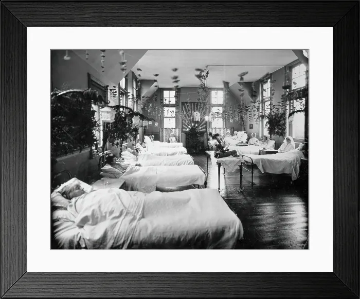 Framed Print : A women's ward in an unidentified hospital, with elaborate decorations. Creator: Unknown. A women's ward in an unidentified hospital, with elaborate decorations Framed Print : A women's ward in an unidentified hospital, with elaborate decorations. Creator: Unknown. A women's ward in an unidentified hospital, with elaborate decorations