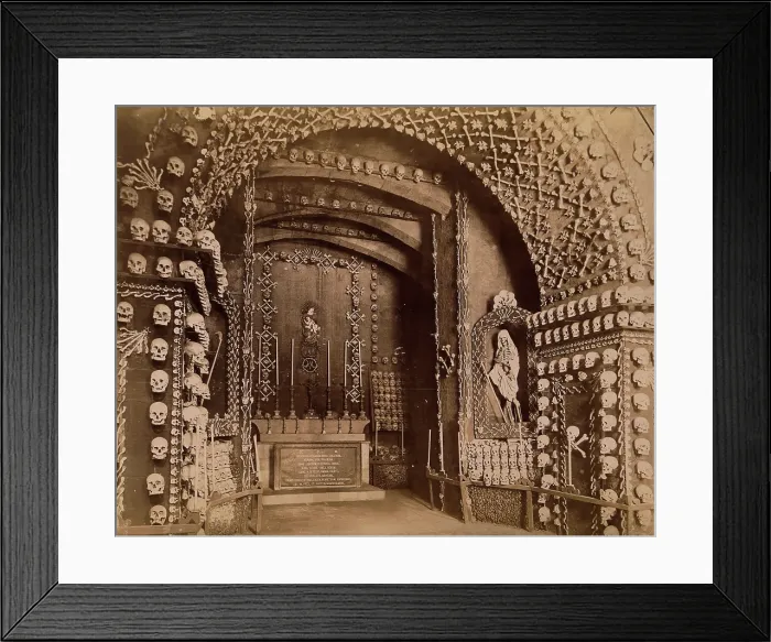 Framed Print : An altar bearing a Latin inscription surrounded by an array of human skulls and bones and... 1881. Creator: John Edmund Taylor Framed Print : An altar bearing a Latin inscription surrounded by an array of human skulls and bones and... 1881. Creator: John Edmund Taylor