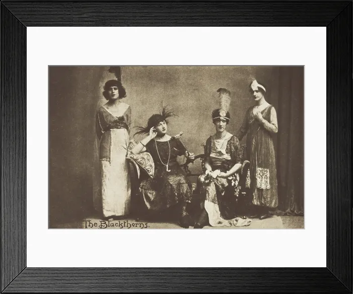 Framed Print : Amateur actors in drag, pose on stage as 'The Blackthorns', (between 1910 and 1919?). Creator: Unknown Framed Print : Amateur actors in drag, pose on stage as 'The Blackthorns', (between 1910 and 1919?). Creator: Unknown