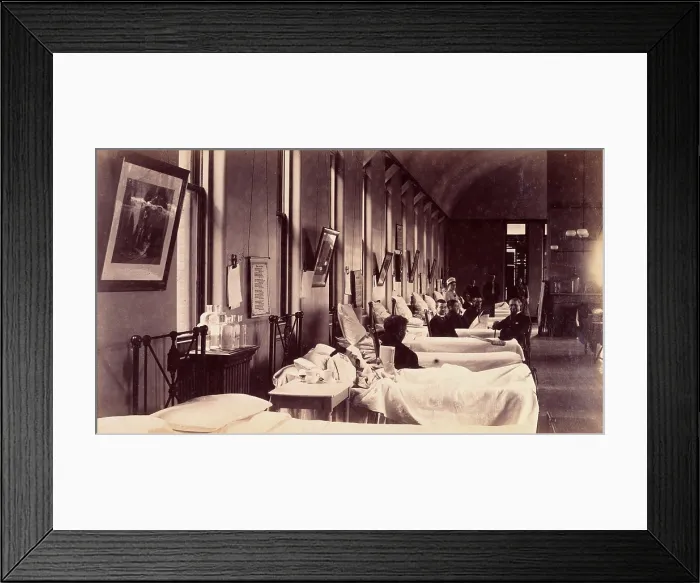 Framed Print : Bellevue Hospital, New York City: a ward for male patients with case-notes... c1885 / 1898. Creator: Unknown Framed Print : Bellevue Hospital, New York City: a ward for male patients with case-notes... c1885 / 1898. Creator: Unknown