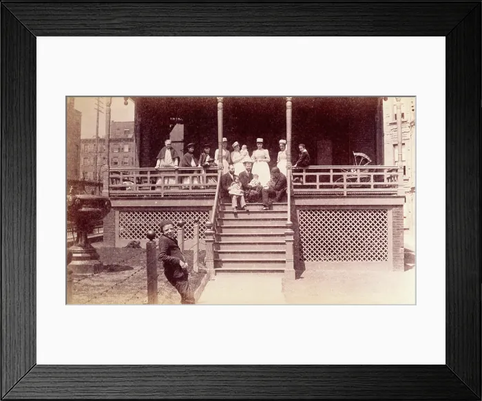 Framed Print : Bellevue Hospital, New York City: children patients, nurses and doctors sitting on a balcony in... Creator: Unknown Framed Print : Bellevue Hospital, New York City: children patients, nurses and doctors sitting on a balcony in... Creator: Unknown