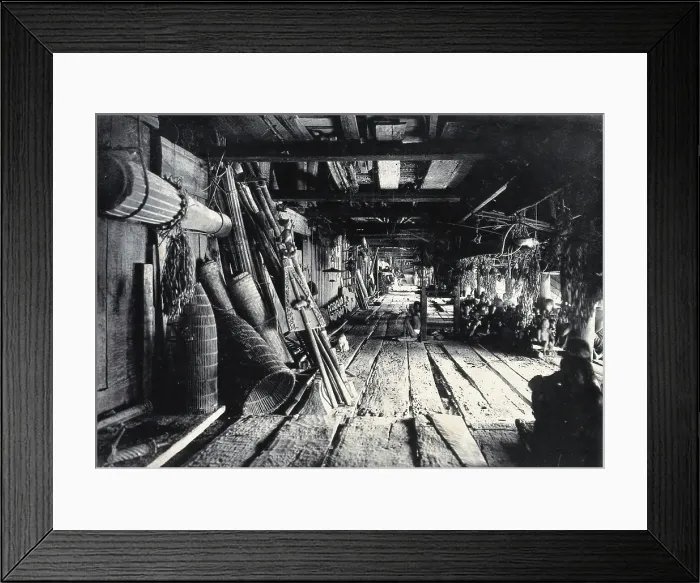 Framed Print : Sarawak: interior of a Kayan tribal house, c1900. Creator: Unknown Framed Print : Sarawak: interior of a Kayan tribal house, c1900. Creator: Unknown